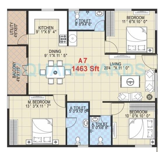 Floor plan of 3 BHK 1463 Sq. Ft. Apartment in Griha Mithra Grand Gandharva, Bangalore