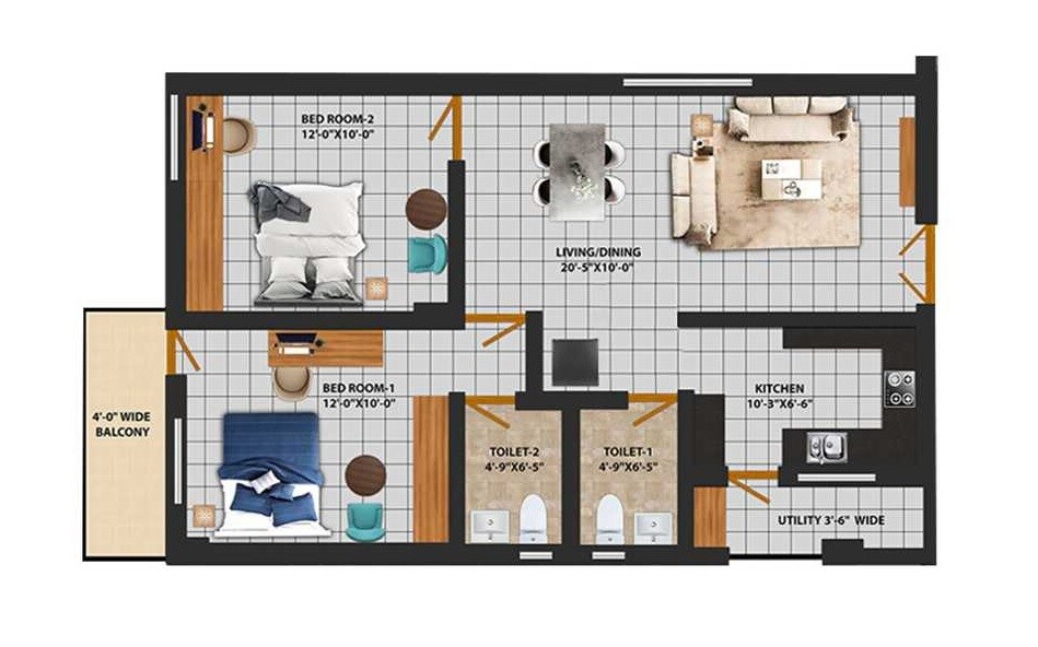 Floor plan of 2 BHK 875 Sq. Ft. Apartment in Grihamithra Gmc Aero Square, Bangalore