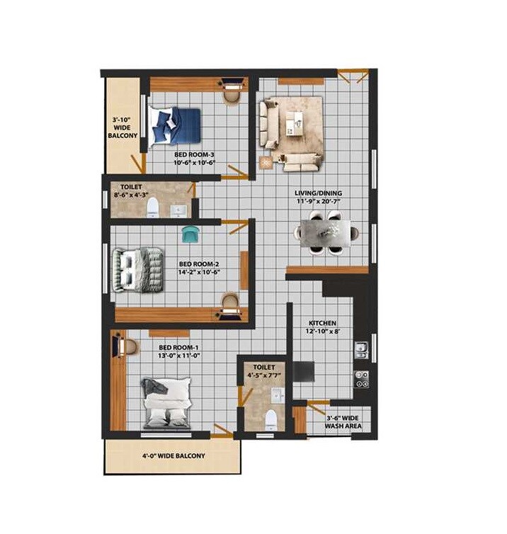 Floor plan of 3 BHK 1365 Sq. Ft. Apartment in Grihamithra Gmc Aero Square, Bangalore