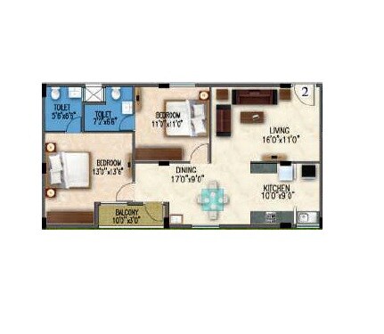 Floor plan of 2 BHK 1070 Sq. Ft. Apartment in Gunina Mellow, Bangalore