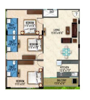 Floor plan of 3 BHK 1351 Sq. Ft. Apartment in Gunina Mellow, Bangalore