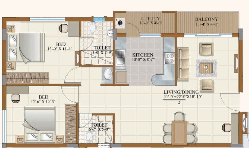 Floor plan of 2 BHK 1003 Sq. Ft. Apartment in Gurupriya Carnation, Bangalore