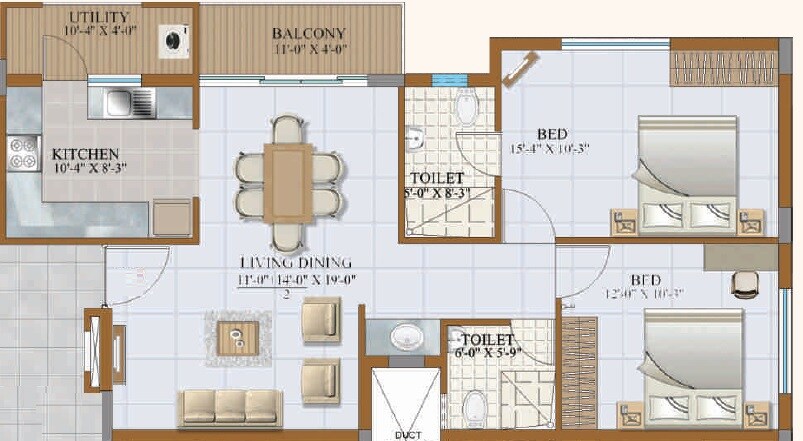 Floor plan of 2 BHK 1350 Sq. Ft. Apartment in Gurupriya Carnation, Bangalore