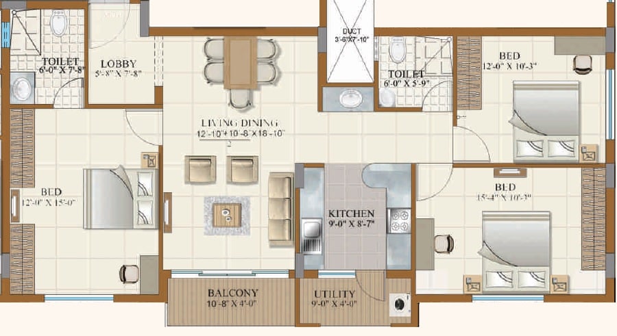 Floor plan of 3 BHK 1418 Sq. Ft. Apartment in Gurupriya Carnation, Bangalore