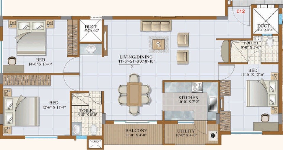 Floor plan of 3 BHK 1448 Sq. Ft. Apartment in Gurupriya Carnation, Bangalore