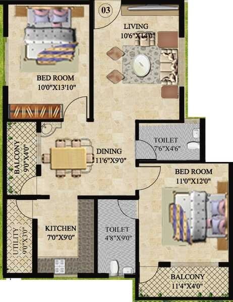 Floor plan of 2 BHK 1019 Sq. Ft. Apartment in GVG Silver Mist, Bangalore