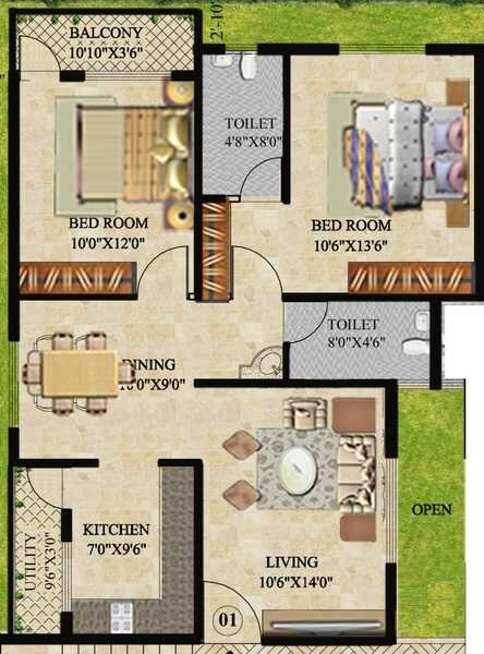Floor plan of 2 BHK 1042 Sq. Ft. Apartment in GVG Silver Mist, Bangalore