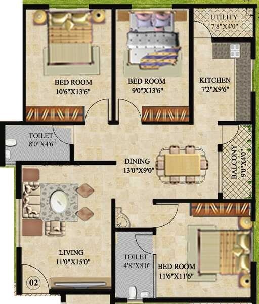 Floor plan of 3 BHK 1236 Sq. Ft. Apartment in GVG Silver Mist, Bangalore
