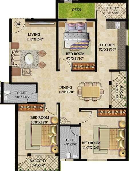 Floor plan of 3 BHK 1272 Sq. Ft. Apartment in GVG Silver Mist, Bangalore