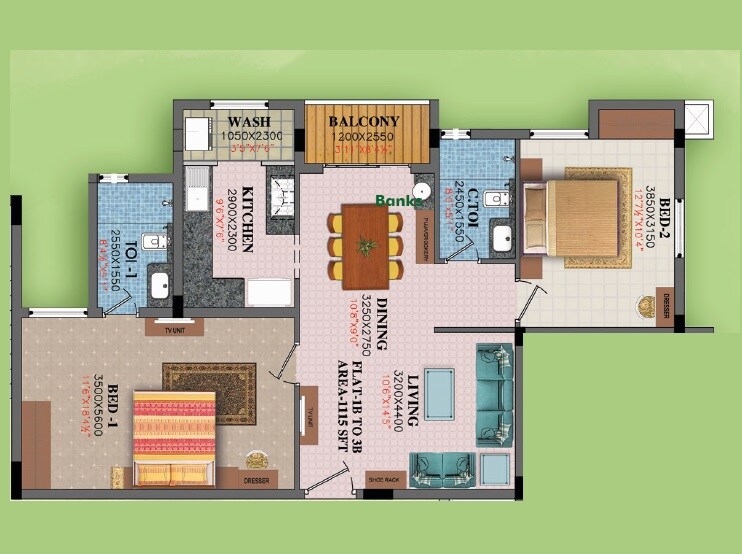 Floor plan of 2 BHK 1015 Sq. Ft. Apartment in GVSPL Gardens, Bangalore