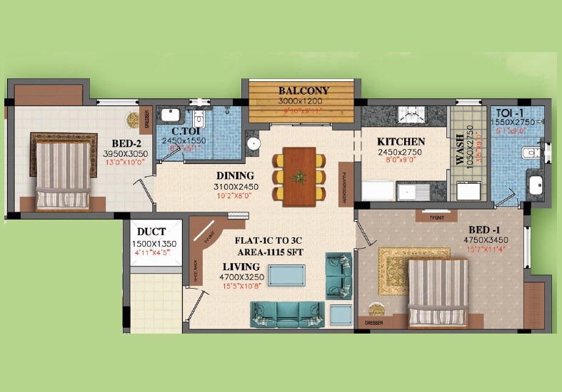 Floor plan of 2 BHK 1115 Sq. Ft. Apartment in GVSPL Gardens, Bangalore