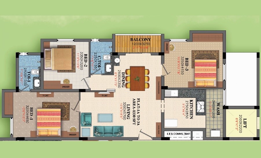 Floor plan of 3 BHK 1330 Sq. Ft. Apartment in GVSPL Gardens, Bangalore