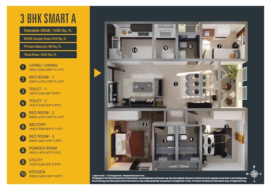 Floor plan of 3 BHK 1455 Sq. Ft. Apartment in Habitat Aura, Bangalore