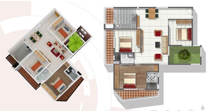 Floor plan of 3 BHK 1223 Sq. Ft. Apartment in Habitat Crest, Bangalore