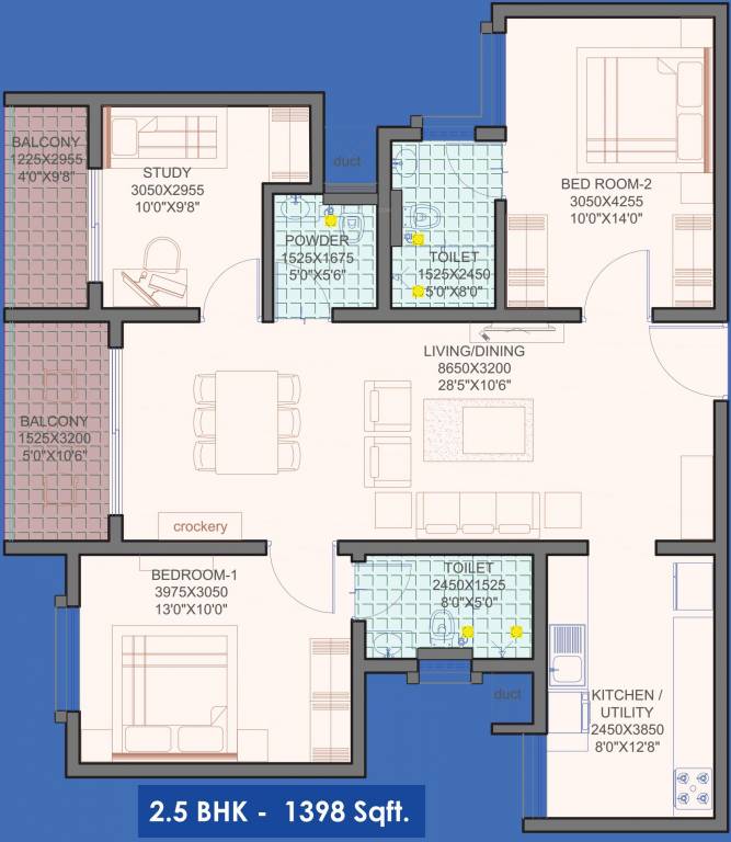 Floor plan of 2 BHK 1398 Sq. Ft. Apartment in Habitat Eden Heights, Bangalore