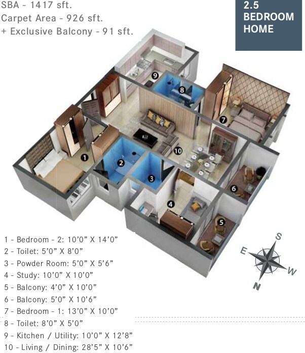 Floor plan of 2 BHK 1417 Sq. Ft. Apartment in Habitat Eden Heights, Bangalore