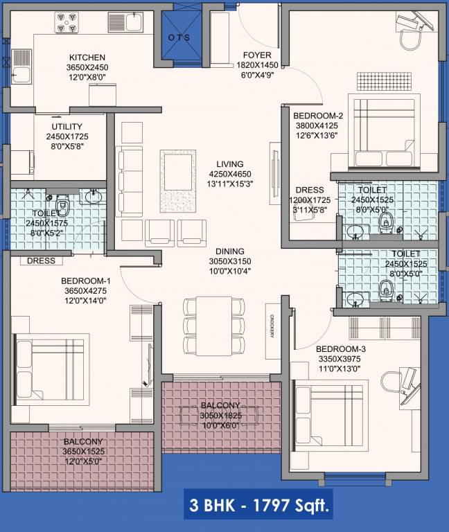 Floor plan of 3 BHK 1797 Sq. Ft. Apartment in Habitat Eden Heights, Bangalore