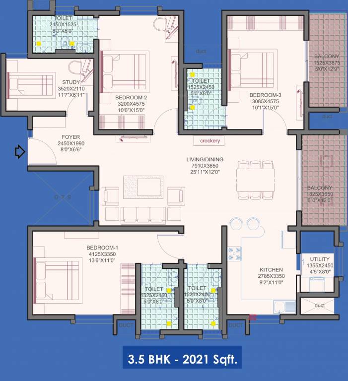 Floor plan of 3 BHK 2021 Sq. Ft. Apartment in Habitat Eden Heights, Bangalore