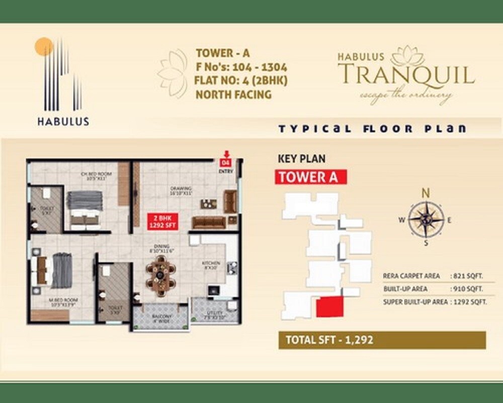 Floor plan of 2 BHK 1292 Sq. Ft. Apartment in Habulus Tranquil, Bangalore