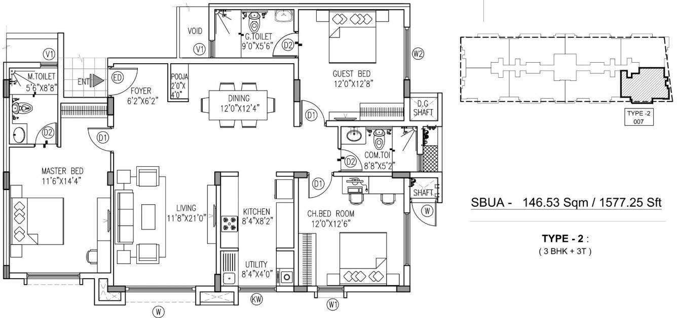 Floor plan of 3 BHK 1577 Sq. Ft. Apartment in Happy Valley Pearl, Bangalore