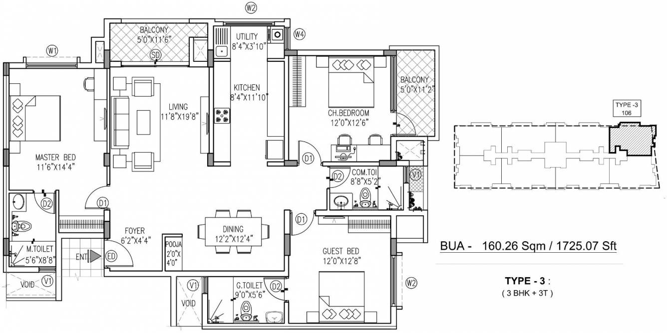 Floor plan of 3 BHK 1725 Sq. Ft. Apartment in Happy Valley Pearl, Bangalore