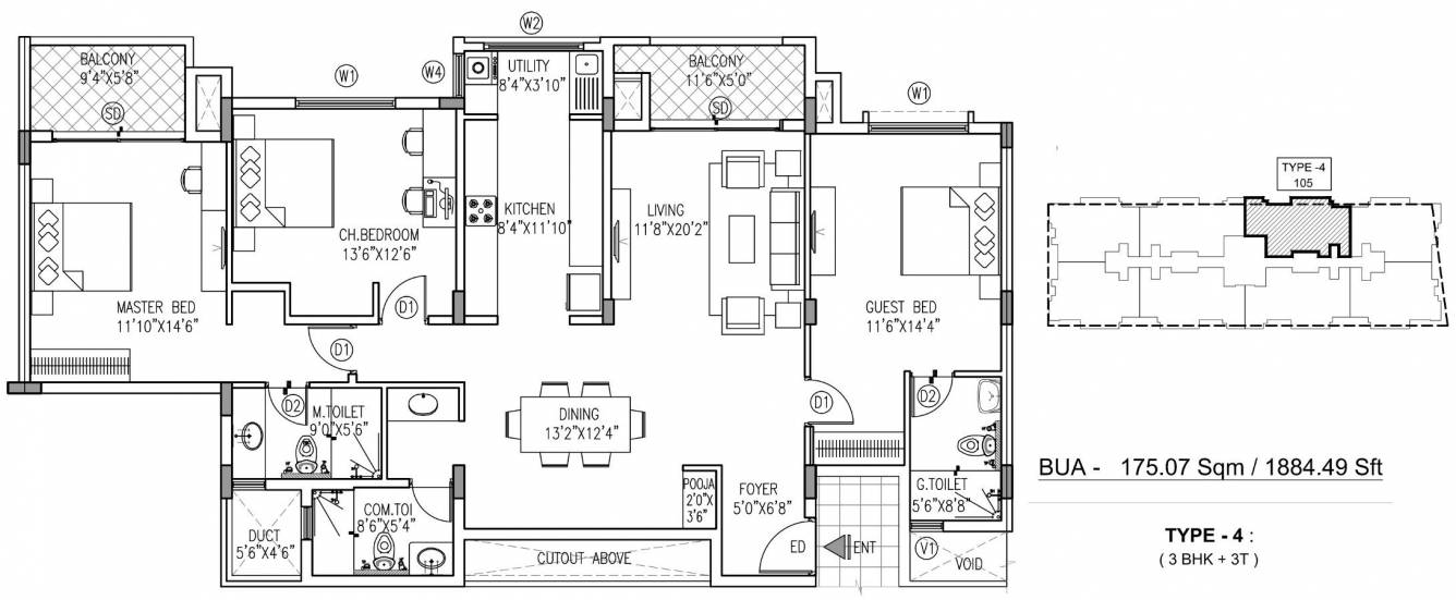 Floor plan of 3 BHK 1884 Sq. Ft. Apartment in Happy Valley Pearl, Bangalore