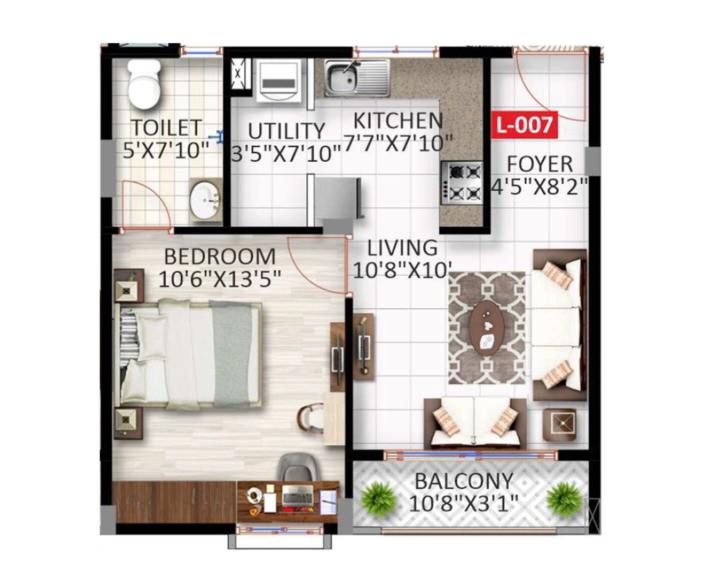 Floor plan of 1 BHK 629 Sq. Ft. Apartment in Haridhruva Halcyon, Bangalore