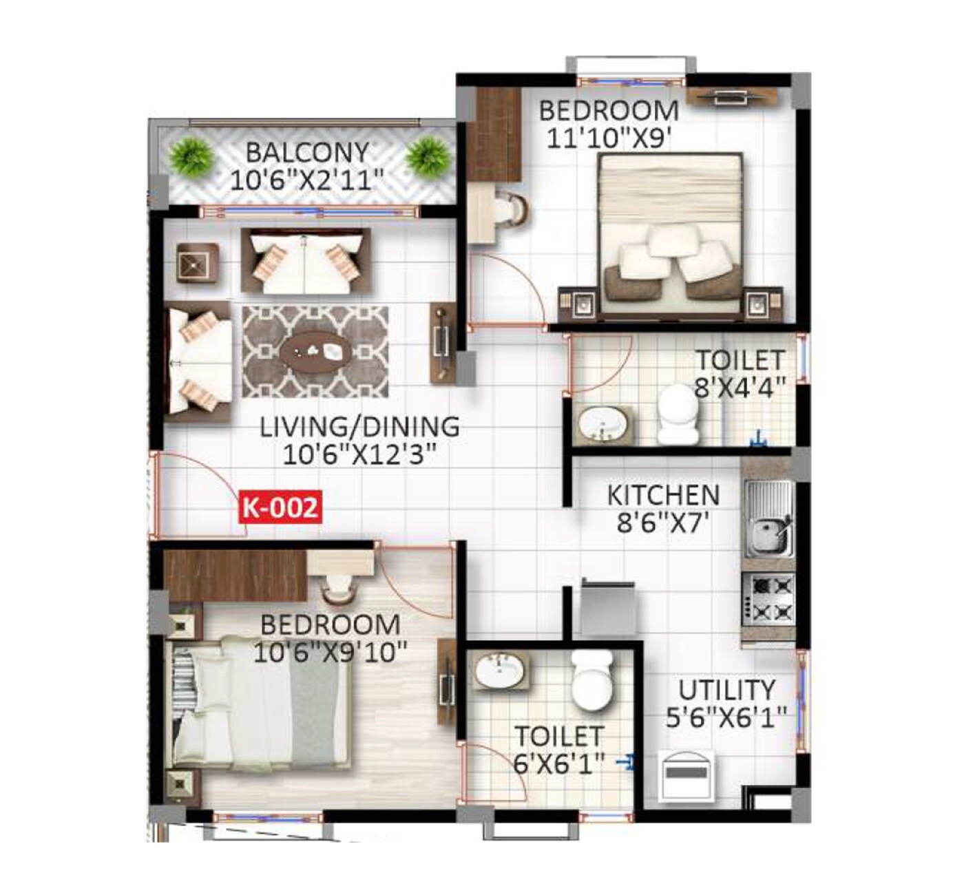 2 BHK 814 Sq. Ft. Apartment