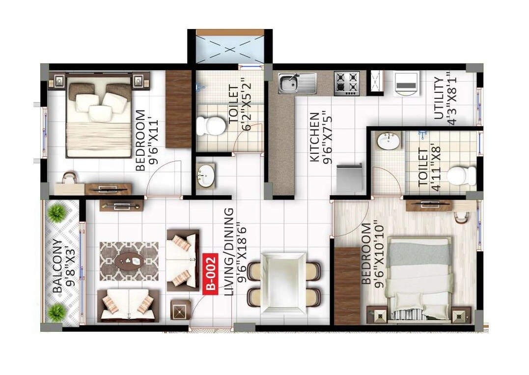 2 BHK 885 Sq. Ft. Apartment