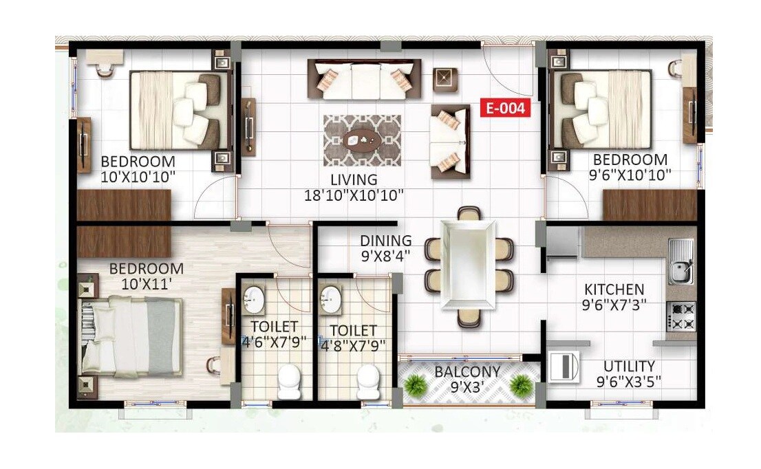 Floor plan of 3 BHK 1158 Sq. Ft. Apartment in Haridhruva Halcyon, Bangalore