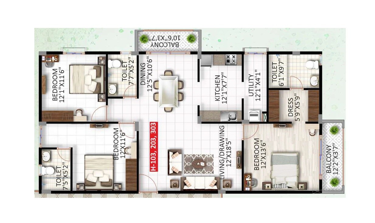 Floor plan of 3 BHK 1725 Sq. Ft. Apartment in Haridhruva Halcyon, Bangalore