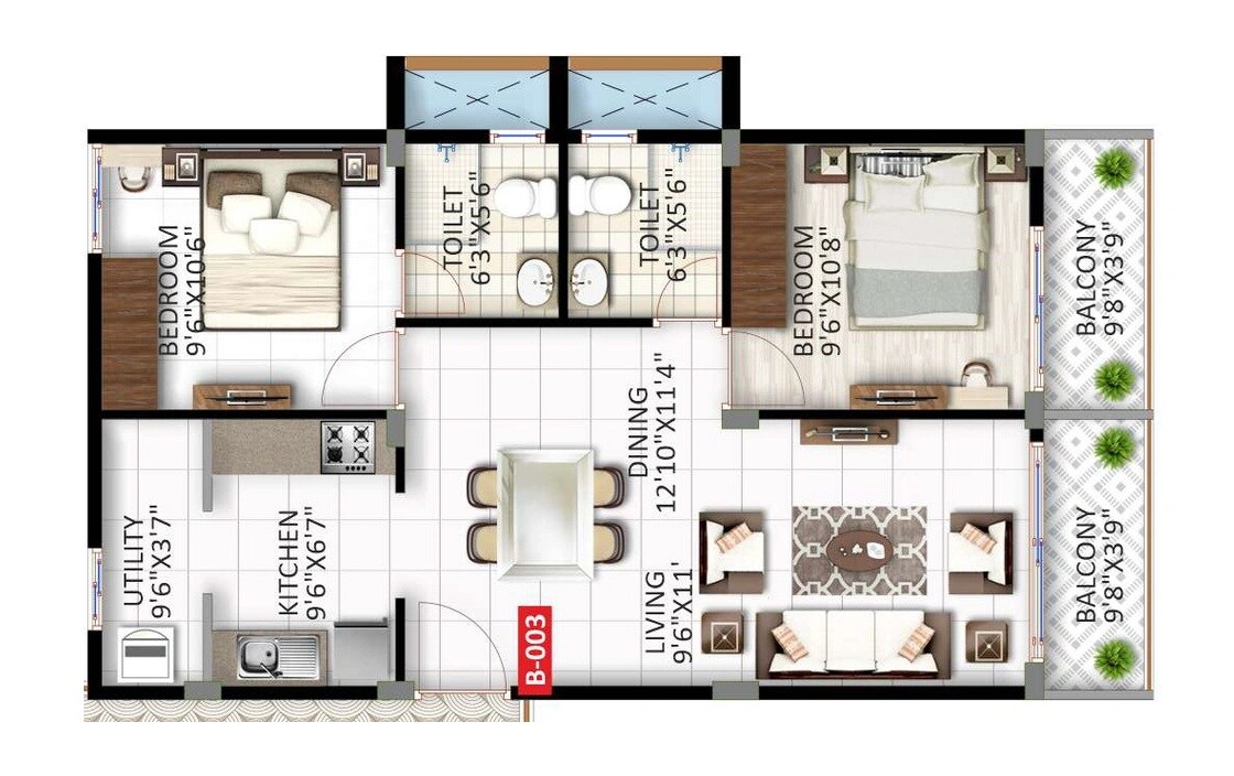 2 BHK 970 Sq. Ft. Apartment