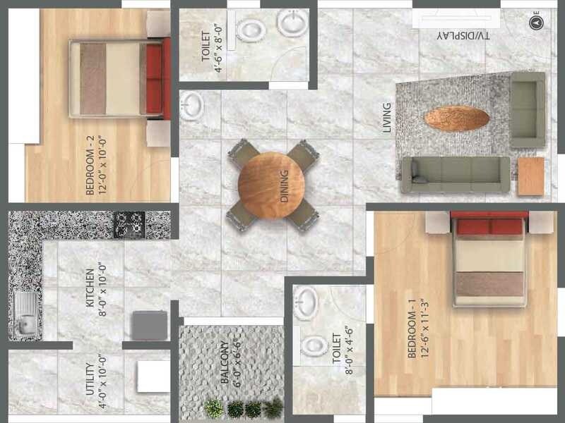 Floor plan of 2 BHK 1073 Sq. Ft. Apartment in Hatha Blue Bell Homes, Bangalore