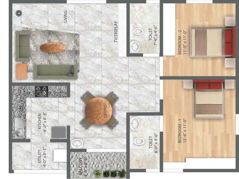 Floor plan of 2 BHK 1139 Sq. Ft. Apartment in Hatha Blue Bell Homes, Bangalore