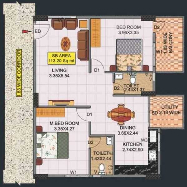 Floor plan of 2 BHK 1059 Sq. Ft. Apartment in Hebron Towers, Bangalore
