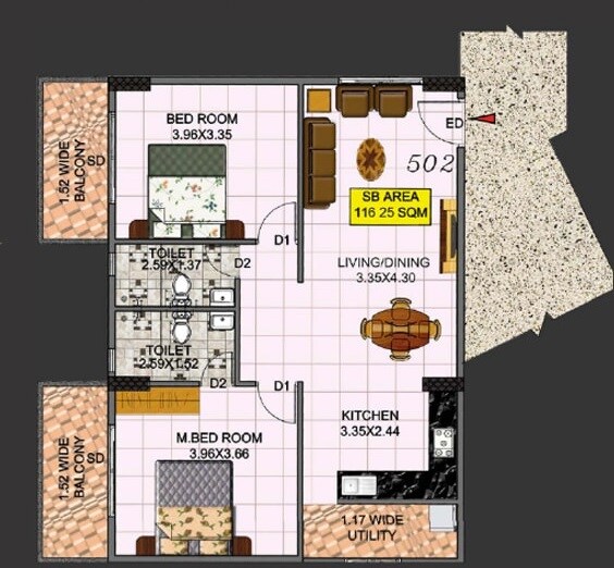 Floor plan of 2 BHK 1092 Sq. Ft. Apartment in Hebron Towers, Bangalore