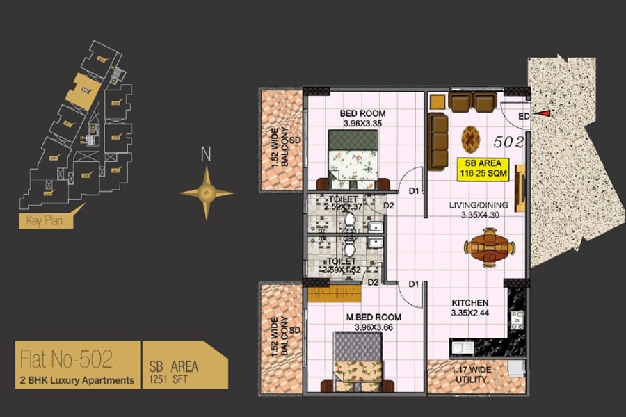 Floor plan of 2 BHK 1251 Sq. Ft. Apartment in Hebron Towers, Bangalore