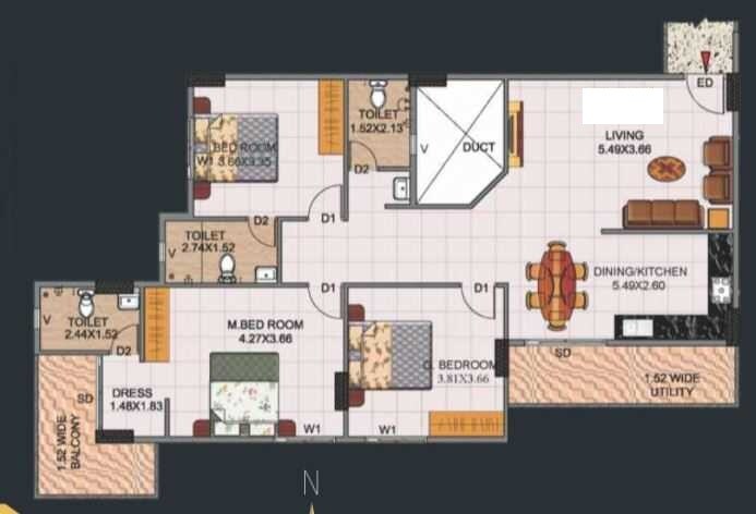 Floor plan of 3 BHK 1740 Sq. Ft. Apartment in Hebron Towers, Bangalore