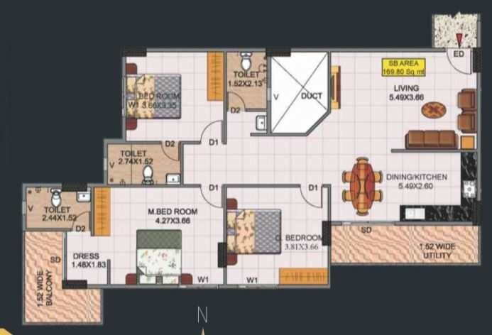 Floor plan of 3 BHK 1656 Sq. Ft. Apartment in Hebron Towers, Bangalore