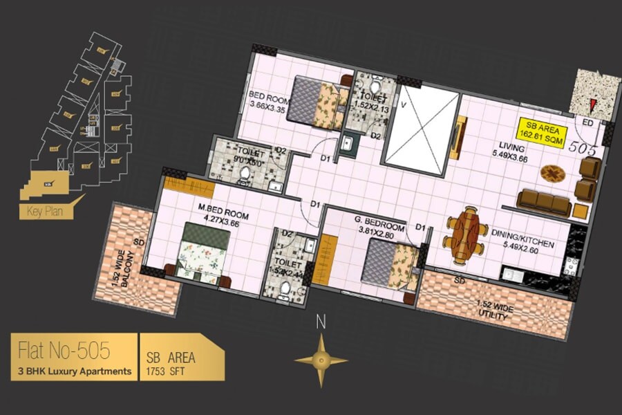 Floor plan of 3 BHK 1753 Sq. Ft. Apartment in Hebron Towers, Bangalore