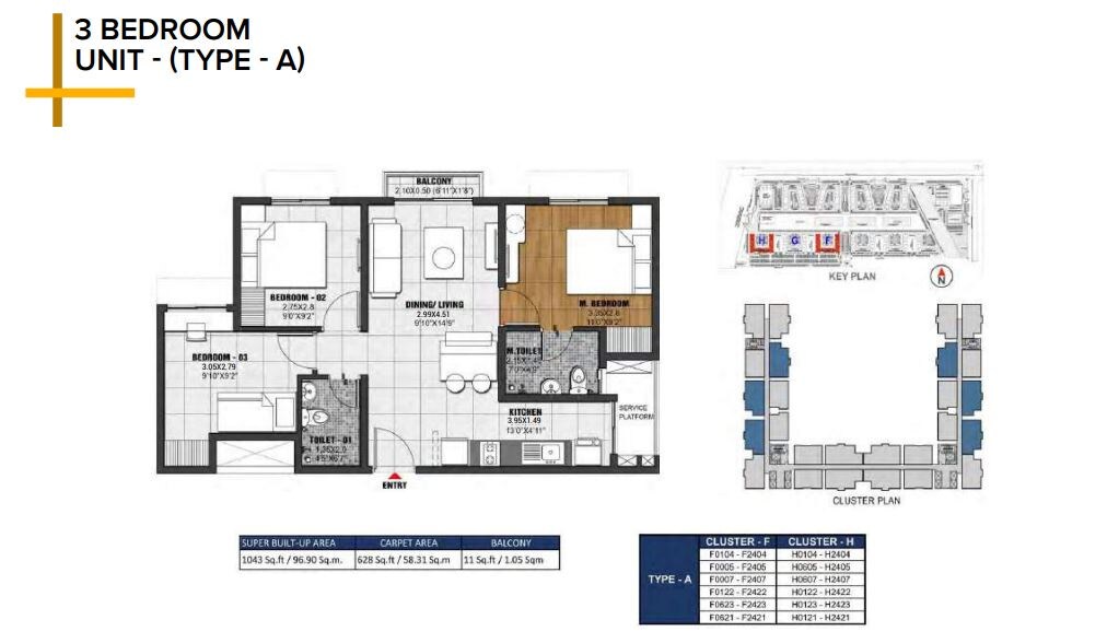 Floor plan of 3 BHK 1043 Sq. Ft. Apartment in Helio at Brigade El Dorado, Bangalore