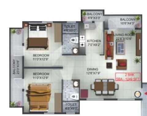 Floor plan of 2 BHK 1396 Sq. Ft. Apartment in Hemanth Prithvi Stargaze, Bangalore