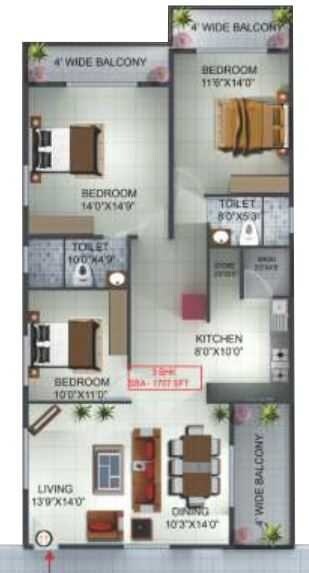 Floor plan of 3 BHK 1707 Sq. Ft. Apartment in Hemanth Prithvi Stargaze, Bangalore