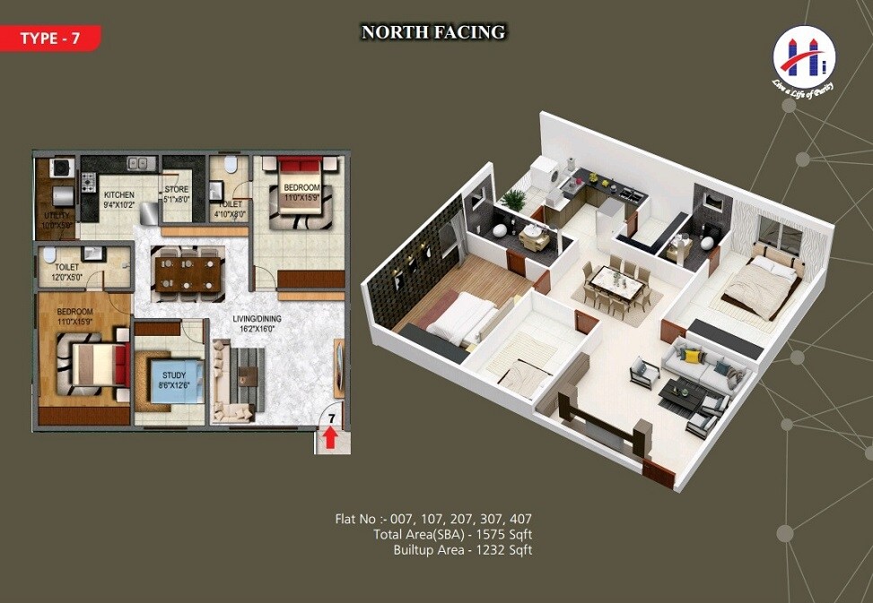 Floor plan of 2 BHK 1575 Sq. Ft. Apartment in Heriitage Signature, Bangalore