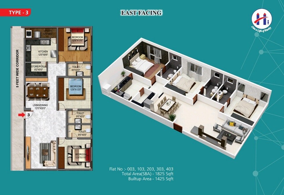 Floor plan of 3 BHK 1825 Sq. Ft. Apartment in Heriitage Signature, Bangalore