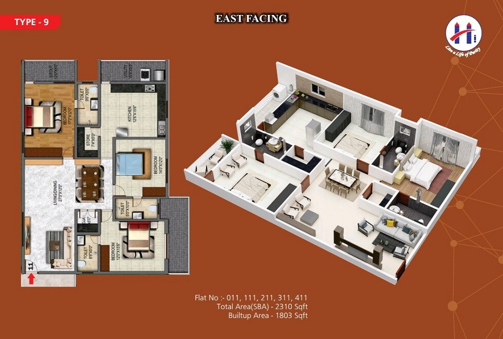 Floor plan of 3 BHK 2310 Sq. Ft. Apartment in Heriitage Signature, Bangalore