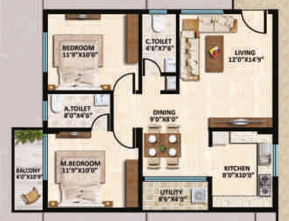 Floor plan of 2 BHK 1050 Sq. Ft. Apartment in Hexa Skyline, Bangalore
