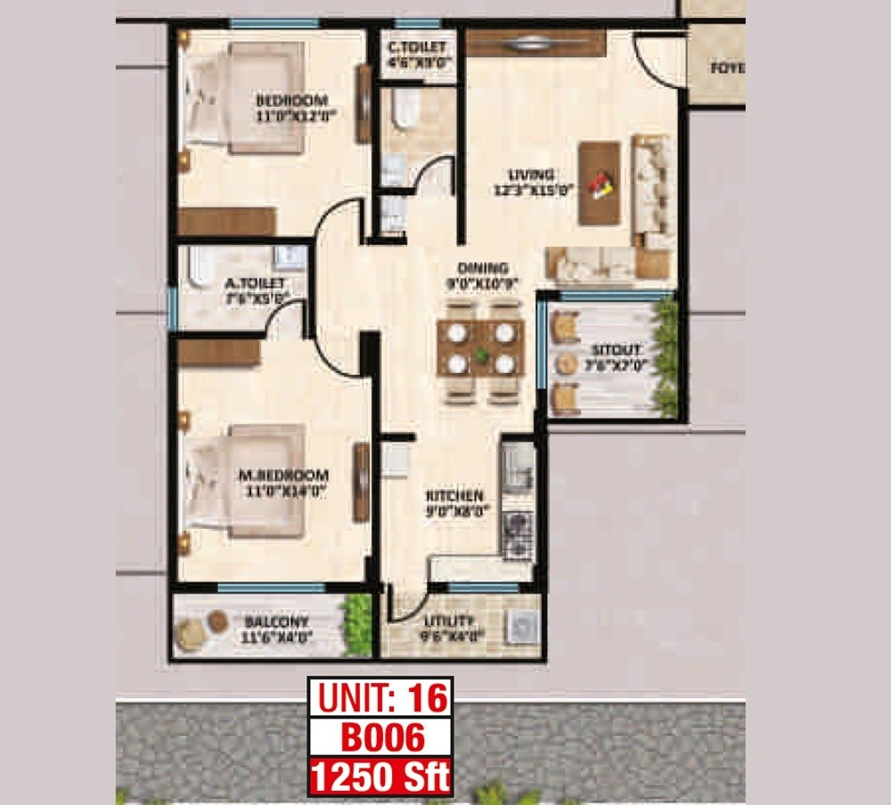 Floor plan of 2 BHK 1250 Sq. Ft. Apartment in Hexa Skyline, Bangalore