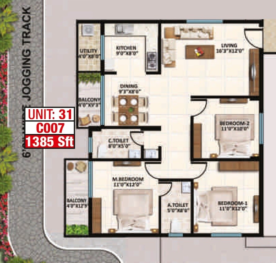 Floor plan of 3 BHK 1385 Sq. Ft. Apartment in Hexa Skyline, Bangalore