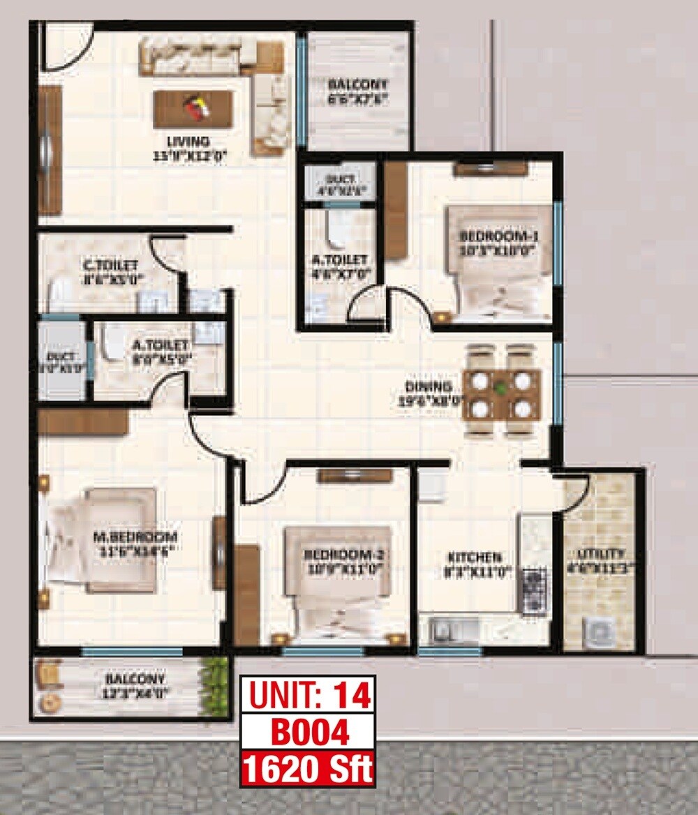 Floor plan of 3 BHK 1620 Sq. Ft. Apartment in Hexa Skyline, Bangalore